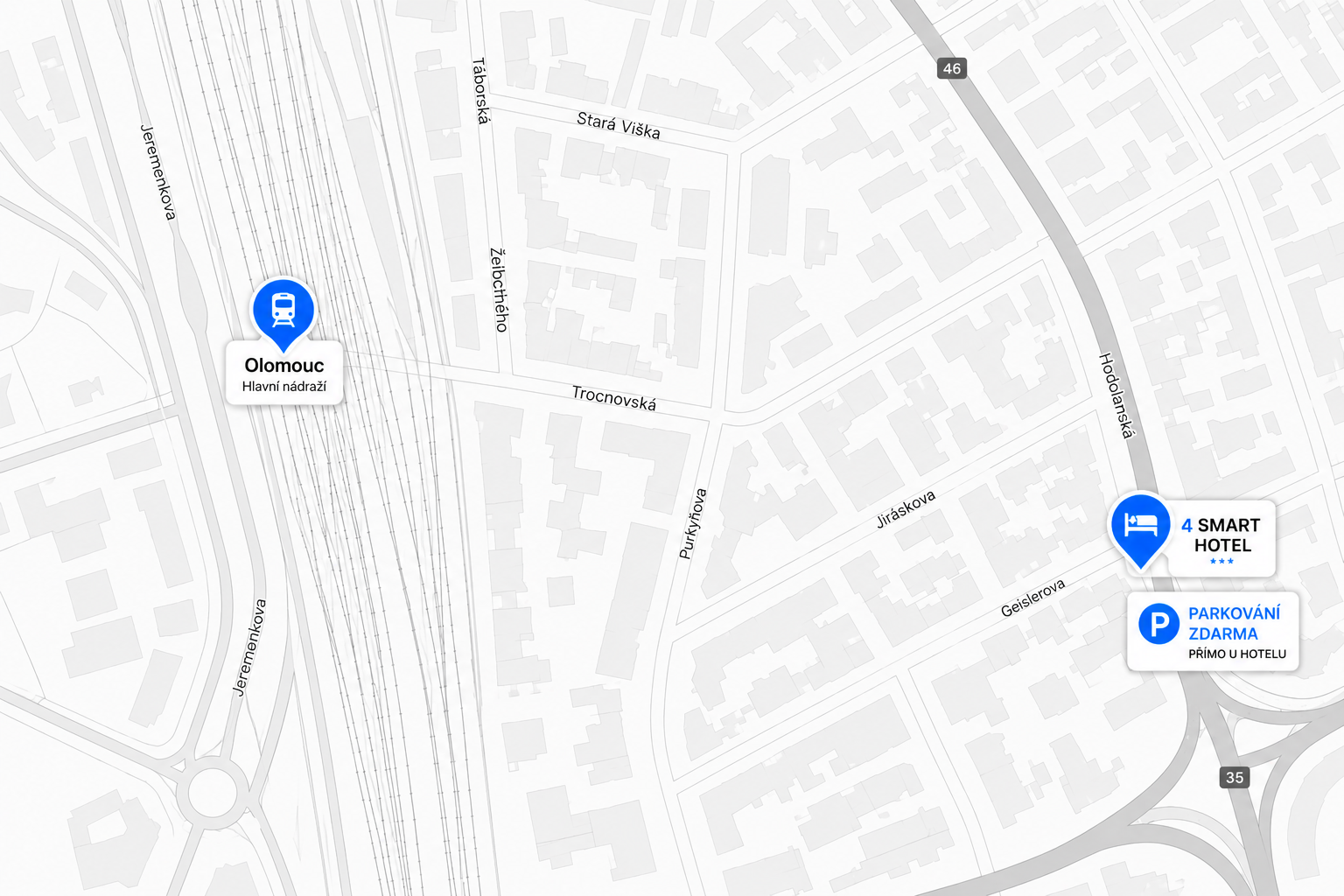 Mapa cesty od hlavního nádraží ke 4 SMART HOTELU